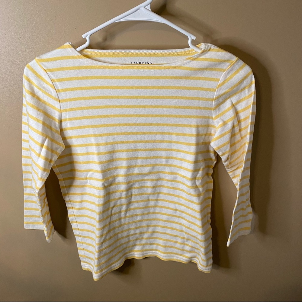 Lands End Yellow and White Striped Three Quarter Length Sleeve Girls Shirt